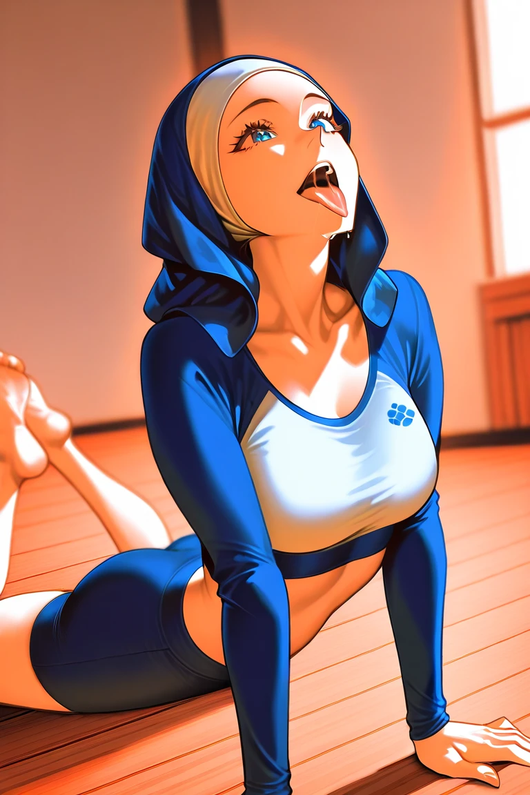 definite expression，open mouth (a female athlete，Blindfold your eyes with a cloth，Wear a white sports bra，Squatting on the bed，Cat leaks，wet crotch）。