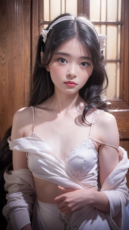 xintong chenMaster quality, highest quality, best picture quality, exaggerated details, a cute 8 year old asian with a shy expression, slightly squinted eyes, adjusting her hair, long eyelashes (long hair / very, very exaggerated big breasts _ tits / in open v hanfu chinese luxury), posing in front of the camera, wet throught rain, wet breastflower detail, silk lace, huge tit detail