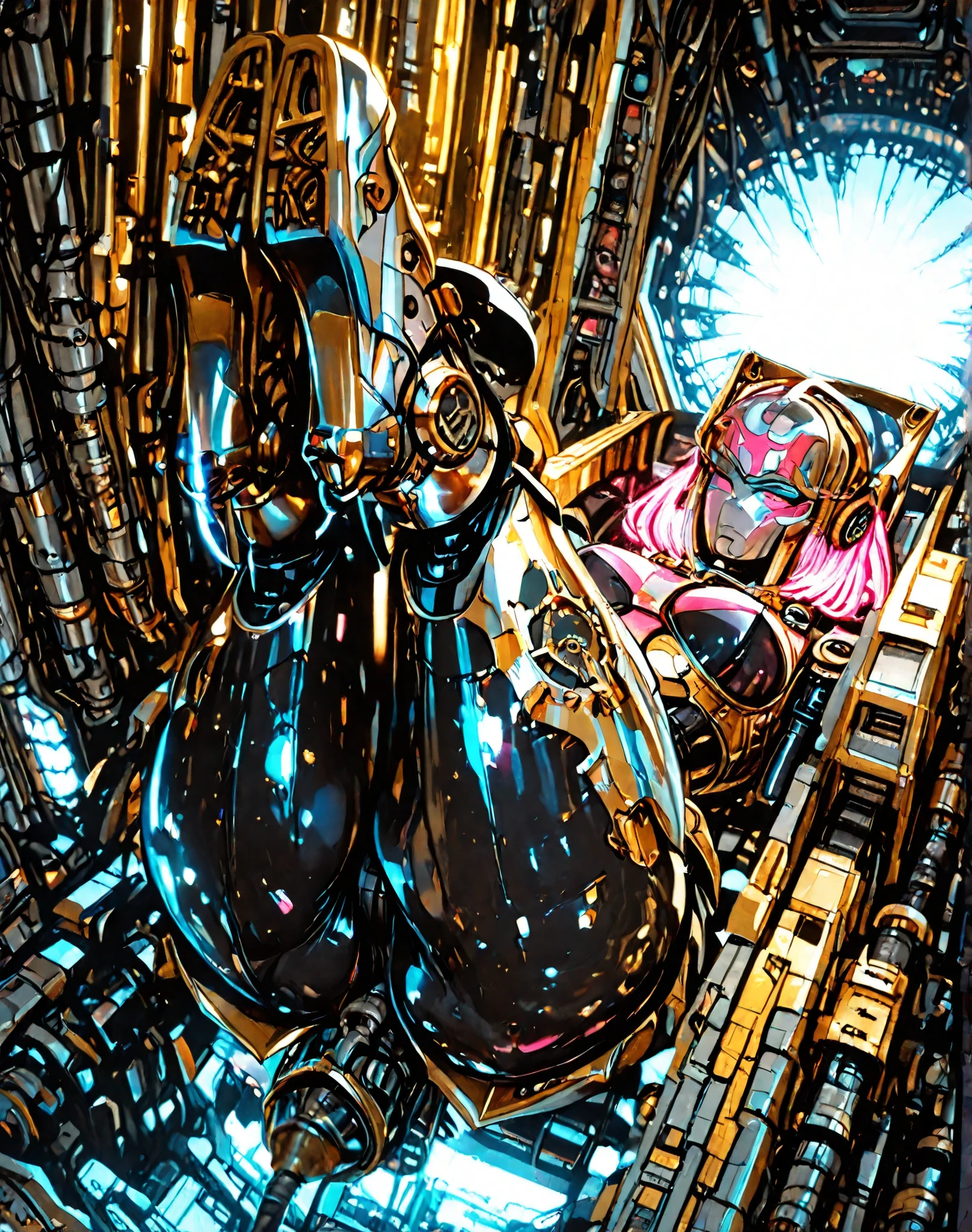 ( corpo inteiro)
Female rabbit robot metallic yellow and pink, detalhado, curvilinear and bulky , Planet of Futuristic War Machines, UHD, alta qualidade, claro, dramatic light, maquinaria complexa, shiny gears, metal polido, metal surfaces, aerodynamic design, science-fiction setting, ( robotic alien landscape ) , hazy sky, luzes pulsantes, electrifying tones hyperrealistic details, contorno estilizado,4k ,UHD, panoramic view focusing on the feet up