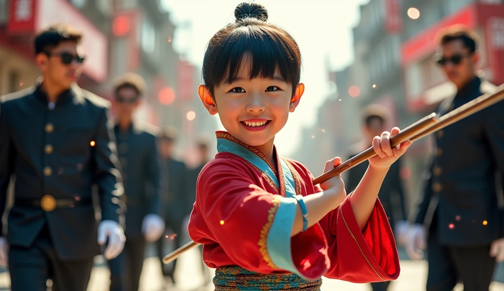 Puwei, China, 1830. A little ((((7-year-old)) Lily)), girl, with a silk ((fan)), ((((chinese clothings from the 1830s)))), ((short bob hairstyle of the 1830s)), ((colorful))