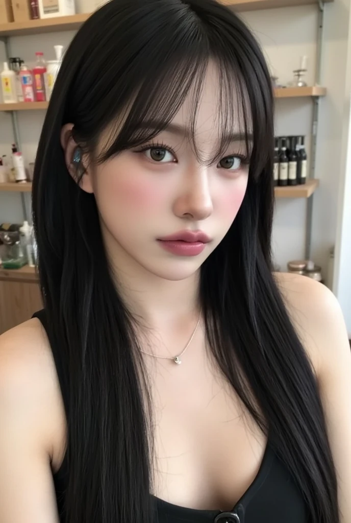 Araffe Asian woman with long black hair and a strangulation, el corte de hime, ulzzang, pelo cortado hime negro, peinado de corte hime blanco,Jang wonyoung, wonyoung from ive, chiho, neat hair con flequillo, flequillo largo y recto, con pelo largo y ojos penetrantes, shikami, sui ishida con cabello negro, con flequillo