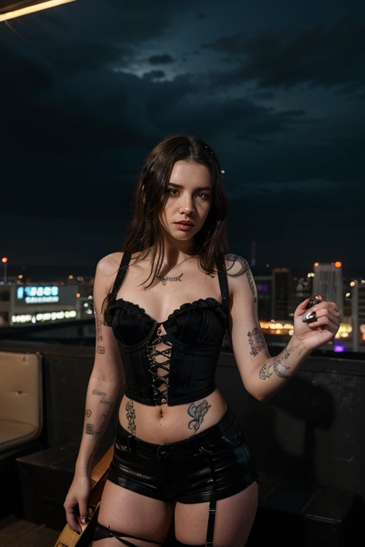 a busty punk woman, heavy dark makeup, tattoos, blonde hair with bangs, smirk, Paris, sitting in a fountain edge, punk clothes, (edge lighting:0.5)