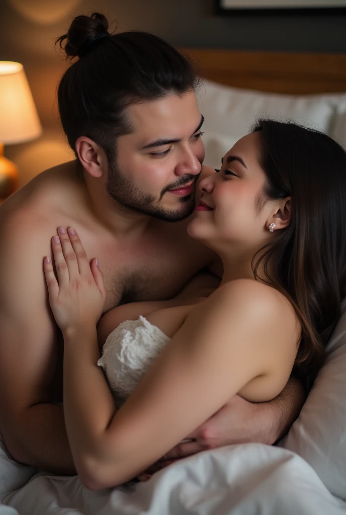 a couple indonesian man and woman are having sex in a bed. both lying down, the woman in supine position, the man on top of her, both naked, on the bed in traditional position. Some penetration The woman facing the camera is in the highest stage of orgasm, spread her legs apart, her hands hugging tightly the back of the man. The man is on top. Photo realistic, close up. the whole body is seen