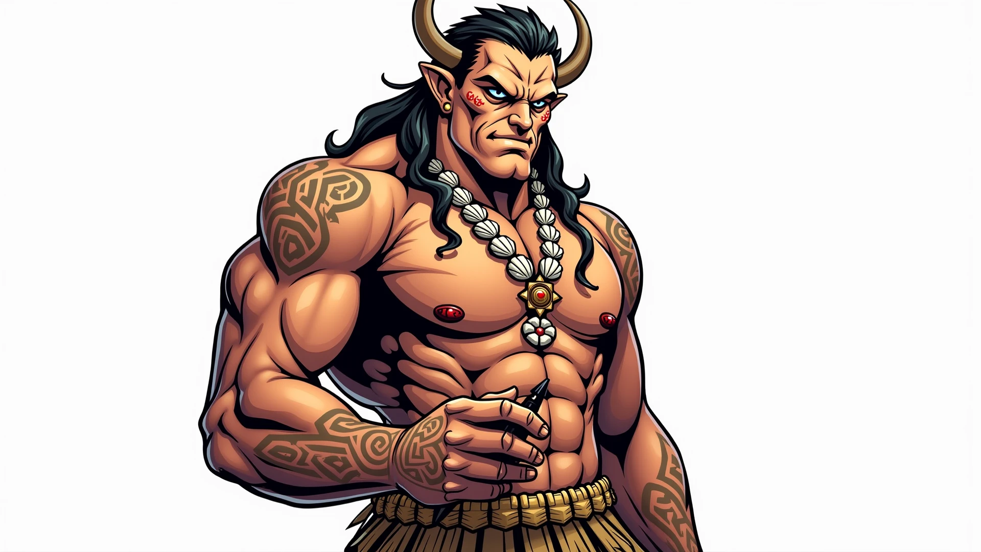 michaelkirkbride,  <lora:michael_kirkbride-000019:1>, ((young)), monochrome, ink \(medium\), sketch, ((1boy)), black hair, gradient hair, horns,ring earrings, shirtless, traditional clothing, solo, battle axe, ((tattoos)), (exotic black fluffy hair:1.2), muscles, elf, pointy ears, cityscape