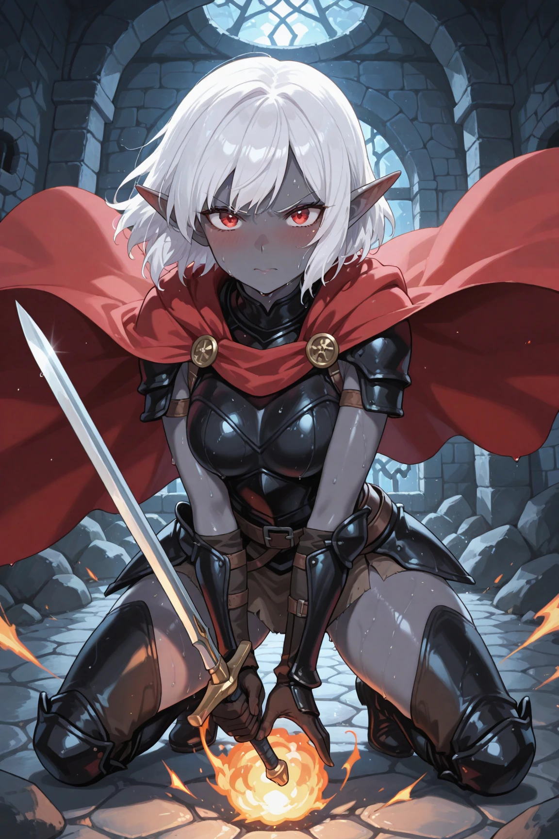 female elf knight, full body art, silver hair, white skin, red iris eye, knight full plate adorned armor, silver cape, perfectly detailed