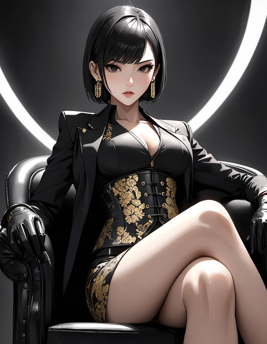 1 asian woman, spy, elegantly dressed, smirk, short black hair, holding a cigar, y2k animation, hq, intricate detail, high quality, smooth, (masterpiece, best quality), tattoos, sitting at bar,