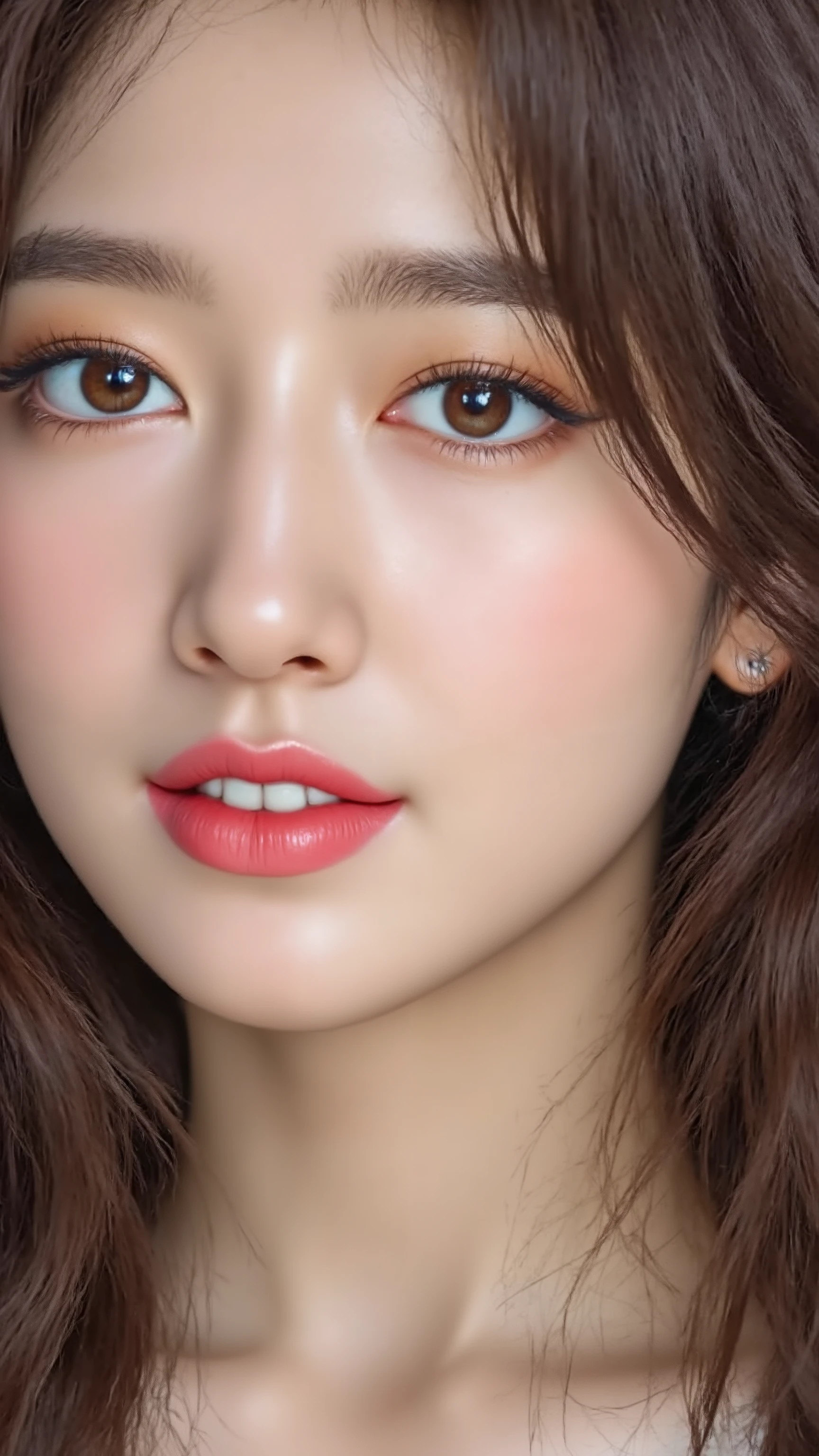 photorealistic, youthful K-pop beauty, Nostalgic meets modern in this photorealistic portrait. Sleek amber hair, stylish attire, & a serene expression capture the essence of Korean beauty. High key lighting & delicate details create a whimsical, magazine-quality image