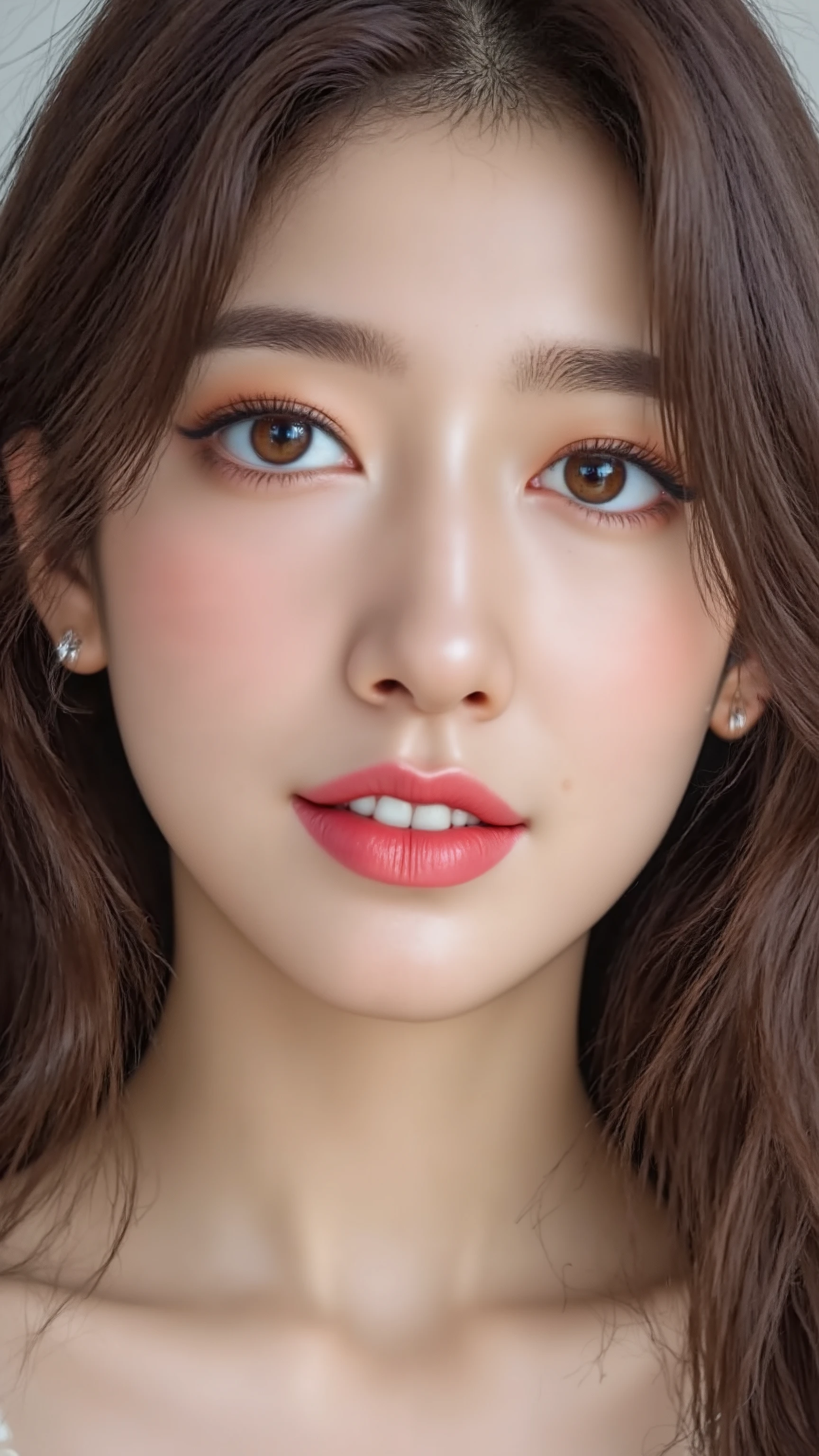 photorealistic, youthful K-pop beauty, Nostalgic meets modern in this photorealistic portrait. Sleek amber hair, stylish attire, & a serene expression capture the essence of Korean beauty. High key lighting & delicate details create a whimsical, magazine-quality image