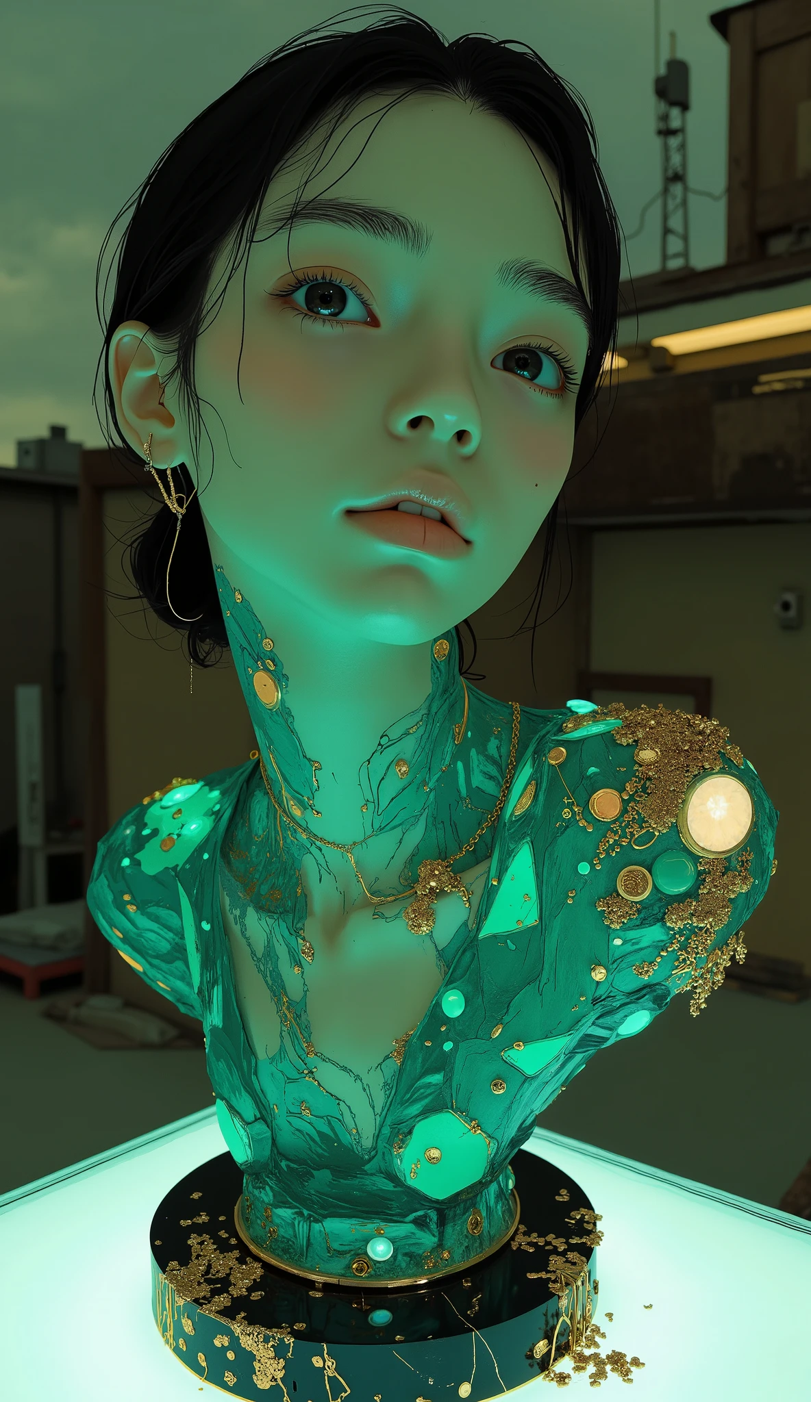 very beautiful, well-groomed girl, With clean skin, normal functions, Beautiful lips, and a slight smile on her face. beautiful figure, modern clothes, cool modern couture dress. presentation background, neutral gray-blue, sitting in a chair, in virtual space. top quality, 16 thousand.. Full HD, Cinematic rendering. Create a work of art, conveying the unique beauty of baby Michela. Famous digital influencer. Focus on her unique facial expression, when she looks directly at the camera., trying to capture the intensity of her piercing blue eyes. Channel her signature style with a Spanish-style hairstyle., styled with two carefully crafted hairpieces.. Add details, reflecting her charming and avant-garde figure . We took care of that, to convey an aura of modernity and originality, which characterizes Lil Miquela in the digital world. Some freckles and nevi, and short hair, wrapped with tape. 