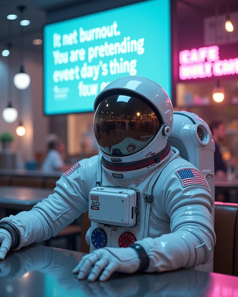 High resolution, ((Best Quality, of the highest quality, 8K, masutepiece: 1.3)), darkened room, The computer monitors on the left and right desks are glowing..., Astronaut standing between desks、((Pray with palms together)),