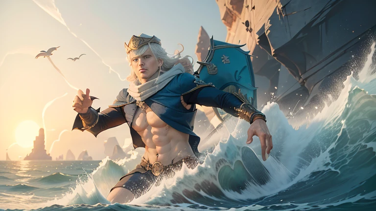 ((official art)), ((concept art)), ((splash art)), ????? man, solo, only underpants, blond, skinny, muscular, shower, water effect