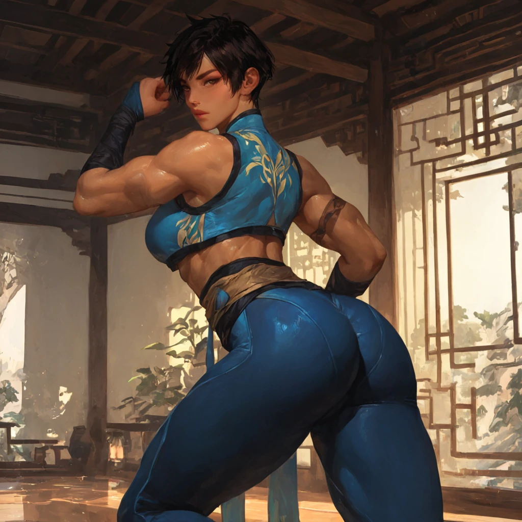 (High resolution, Pixels are perfect, luxurious illustration), (hyper quality, masutepiece, Ethereal: 1.4),(Solo:1.4), Black hair, Very short hair, Yellow eyes, (angry), pale skin, (((((((muscular))))))), ((thick thighs)), ((Huge breasts)), Woman, ((((A MILF)))), ((((chinese armor)))), (((Blue Armor))), (Leotard), (((wide hips))), ((greybackground)), (Shiny skin), ((Back)), (((Looking back))), (Ass_Pose), ((squatting and spread legs)),