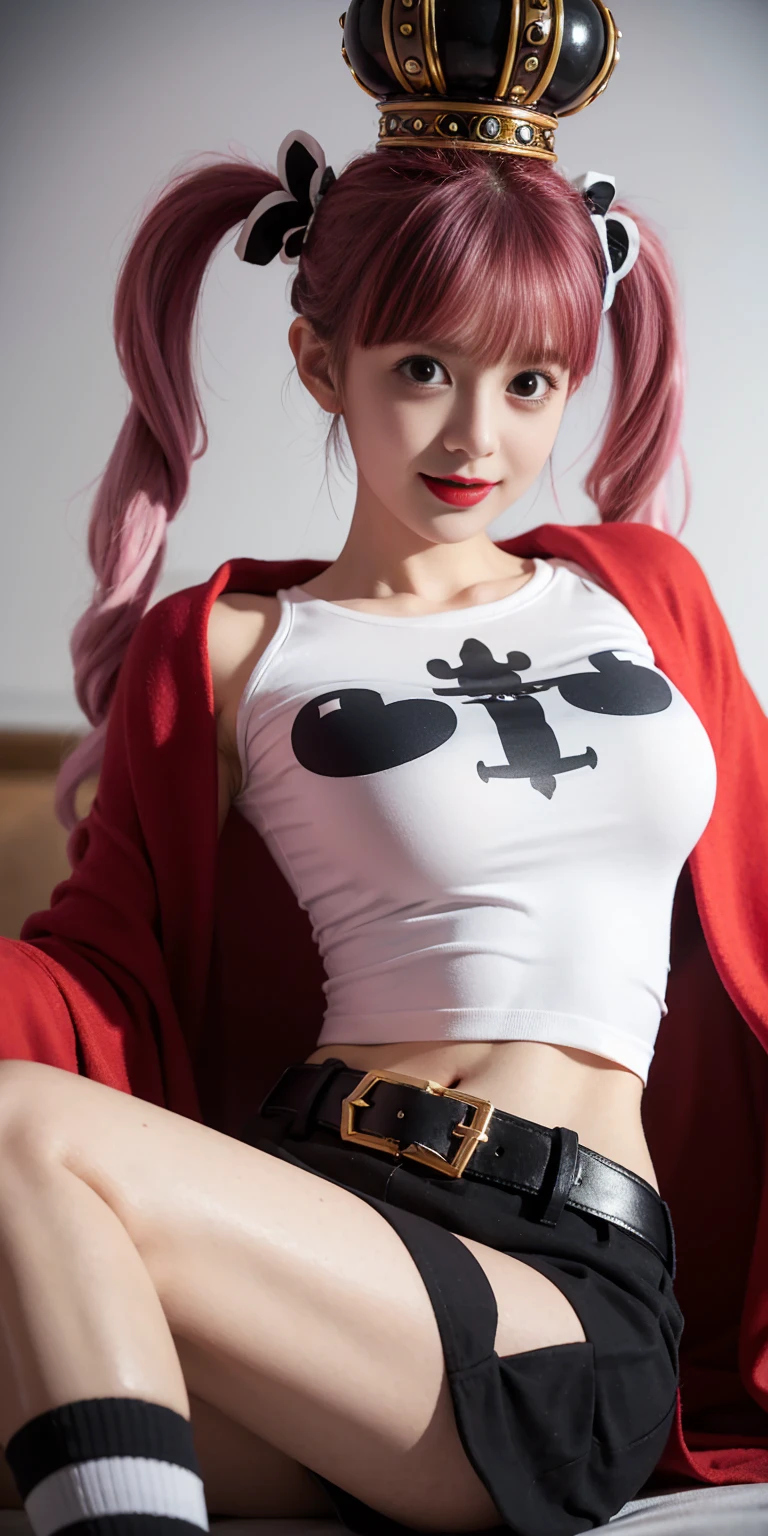 best quality,masterpiece,8k wallpaper,absurdres, highres, ultra detailed, (1 young beautiful girl, solo:1.1),midriff ,pantyhose, striped, crop top, striped pantyhose, twintails, long hair, crown, navel, breasts, boots, black eyes, skirt,large breasts,drill hair, cleavage, cowboy shot, architecture, outdoors, sky, <lora:Perona佩ç½å¨_NOFACE:1>
BREAK