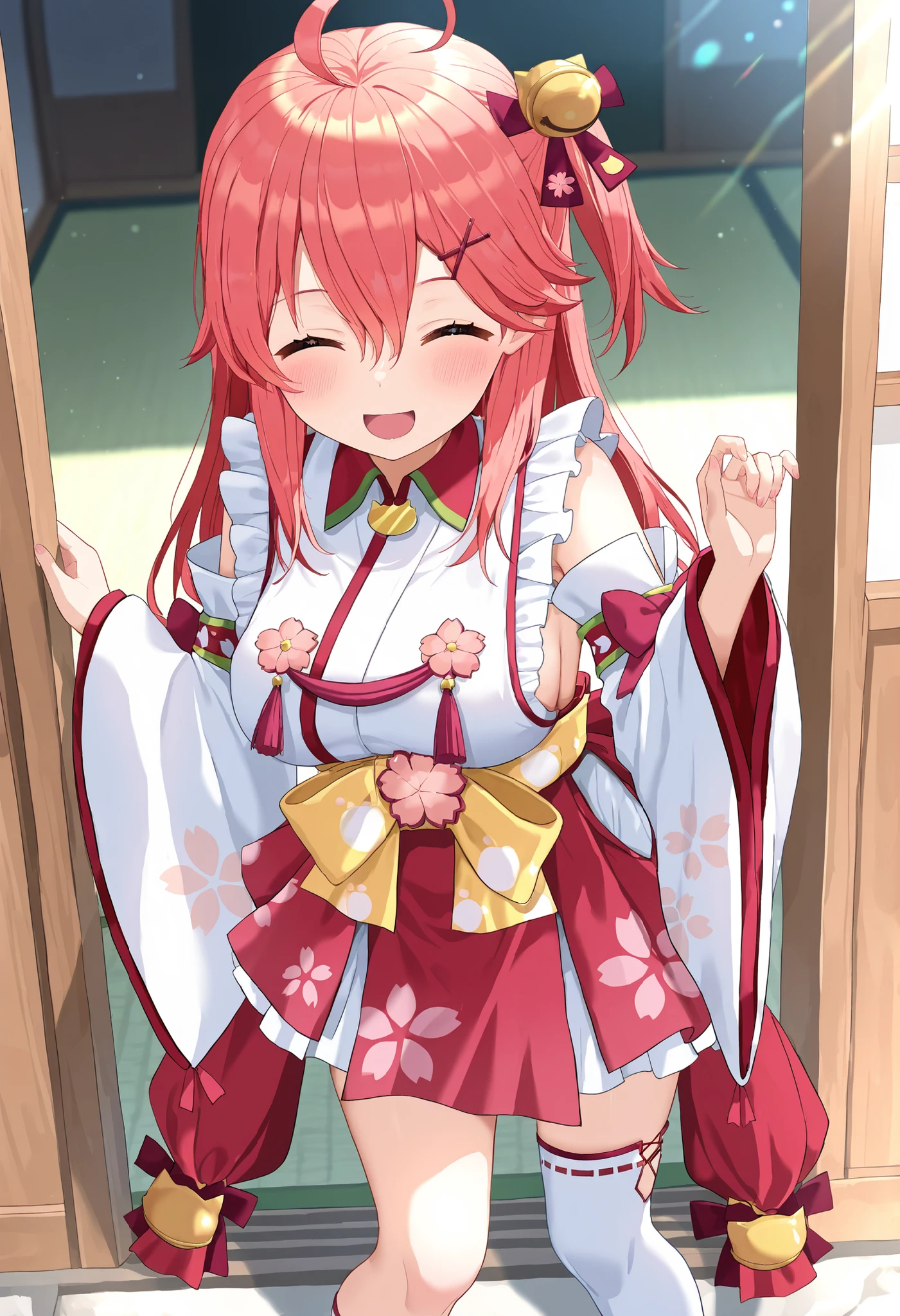 masterpiece, best quality, highres, miko1, sakura_miko, young_1teen_girl, large_breasts, solo, ahoge, x_hair_ornament, light_red_hair,blush, floral print, hairclip,(side_less_clothes:1.5), side_breasts, hair_bell, floral print, long_hair, hair between eyes, one side up, white thighhighs, asymmetrical legwear, wide sleeves, open_small_mouth,happy,closed_eyes,big_smile,(overly_long_sleeves:1.3),),sleeves_past_wrists,hands_hidden_sleeves,sidelock_clothes,solo,hidden_wrists,sunlight,cherryblossom_temple_landscape_background,rise_arms,raise_arms,dynamic_standing ,EyeDetailerXL,sunlight,,looking_viewer,raise_knee,