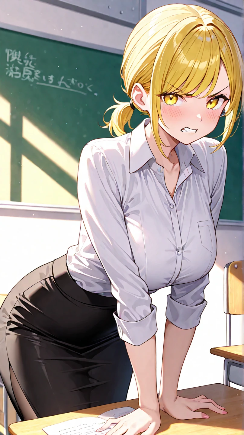 A sensual sexy woman beautiful big breast beautiful attraction long blonde yellow hair her gray eye wears a white button-down office shirt shows her chest red bra and a short purple skirt she sucks dick sausages under a young guy