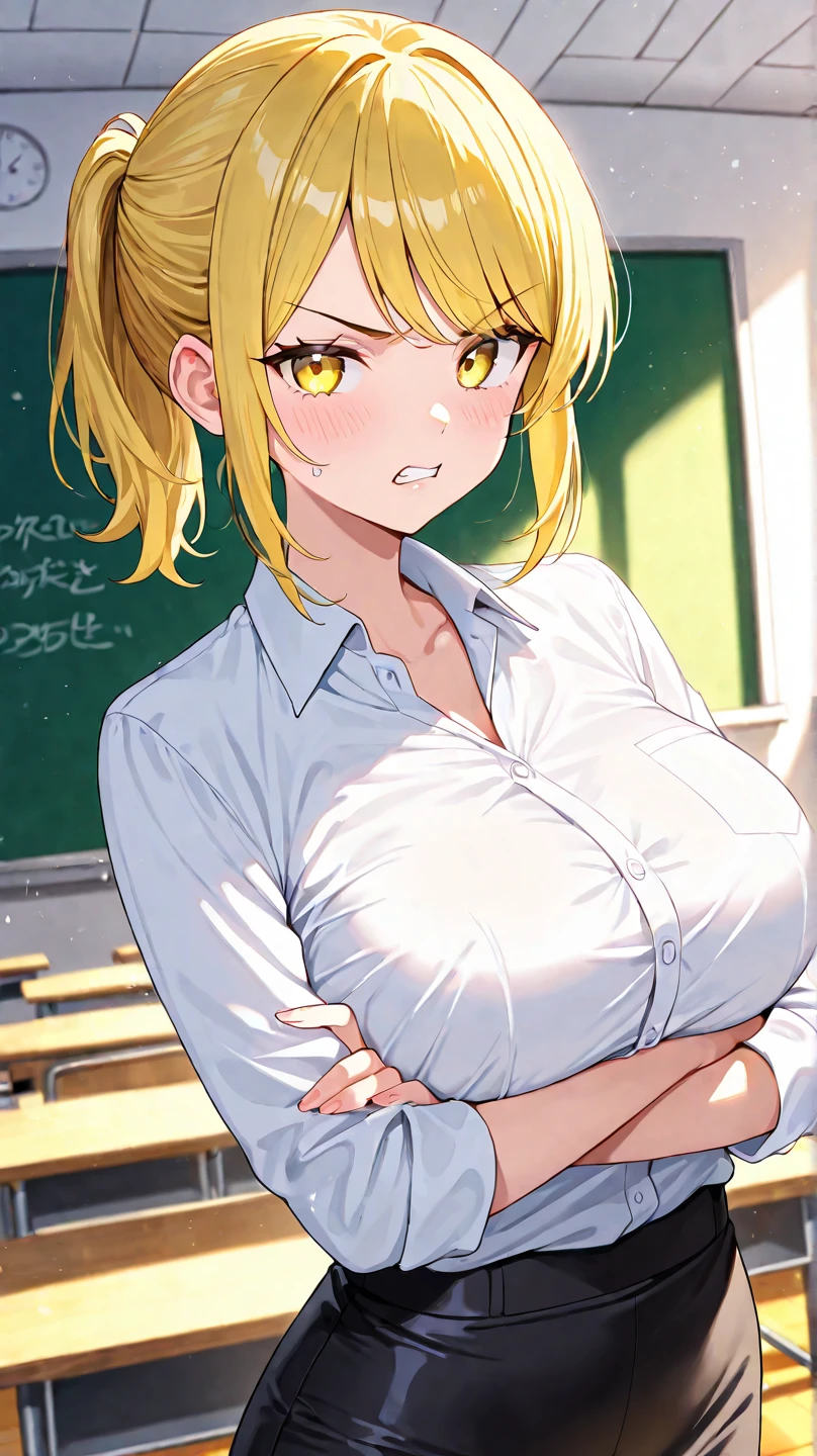 masterpiece、Highest quality、Best image quality、High resolution、Big Breasts、、School-Uniform、Red tie、Summer clothes、Blonde、Yellow Eyes、Long Hair、In the classroom、Angry、An empty classroom