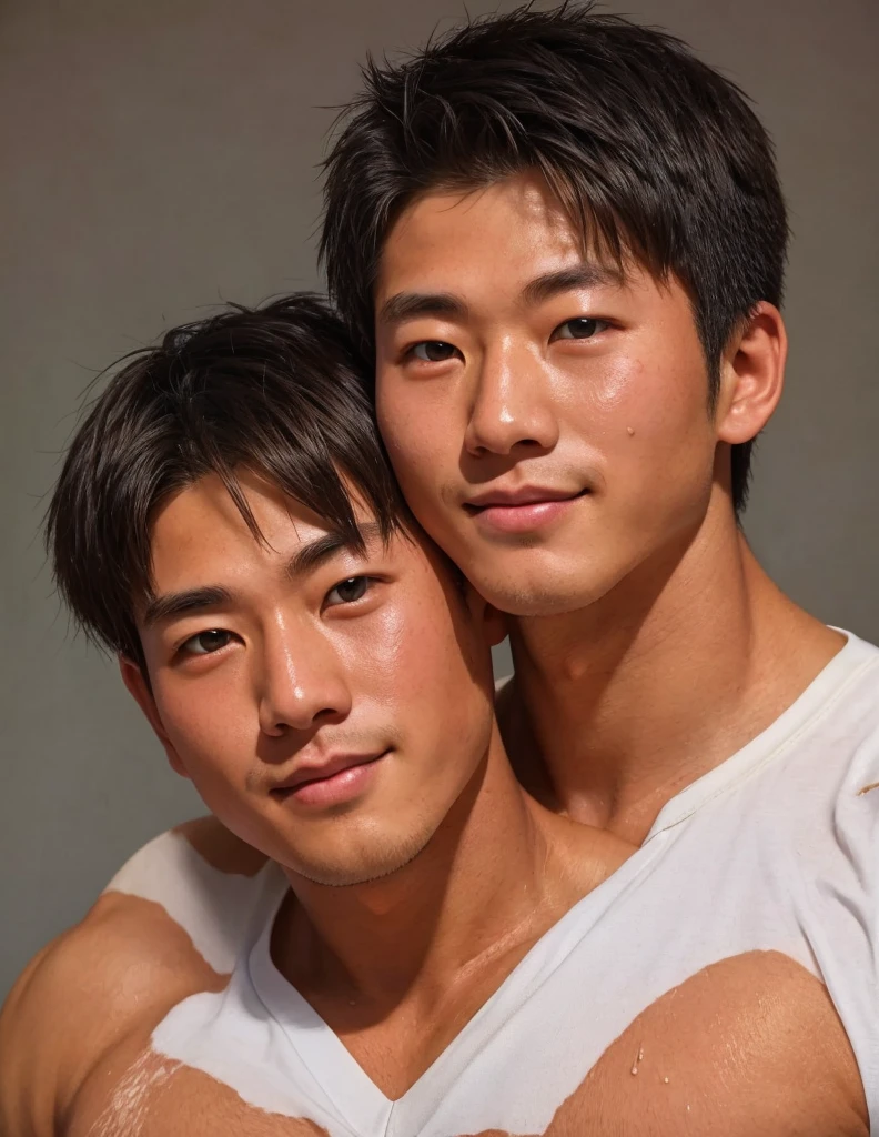 two men Chinese-korean looking at camera、30 years old、male、asian、very handsome, stick out tongue、full-naked、abs、Pectoral muscle, handsome and elegant, sexy, , muscular, Nice looking muscles, a mature man, sexy and elegant, (muscular body),sexual relations