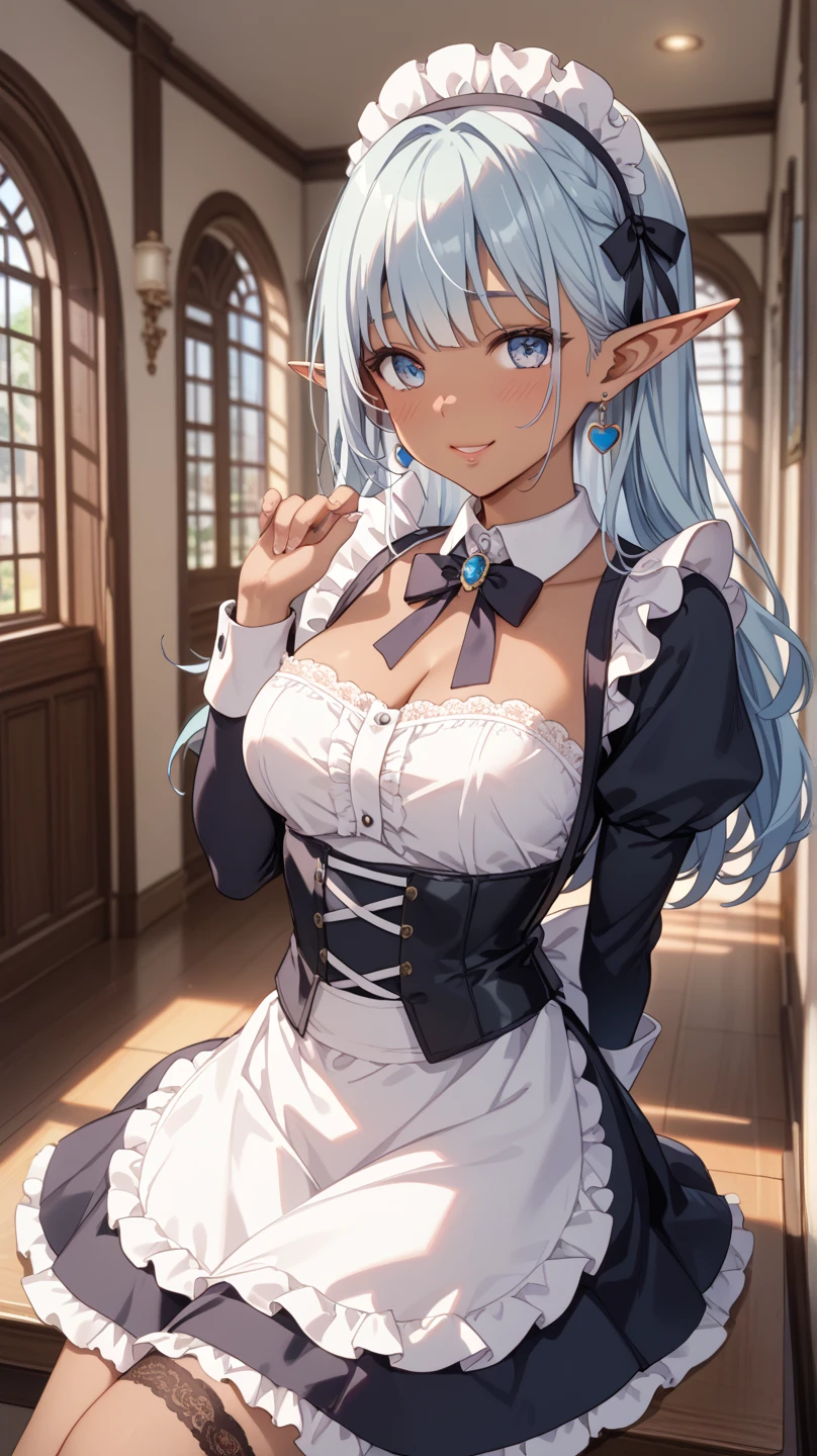 ((masterpiece)),(best quality), ((extremely detailed CG unity 4k wallpaper)),(cinematic lighting), (an extremely delicate and beautiful girl:1.3),face, fixed eye, (++silver hair++), pink eyes, long hair,elf ear, jewelry,earrings, :d, maid, labrynth,
Large breast ,(garden rose), standing on throne, horn ,both hand over lab , full body , view from below ,bareleg ,
