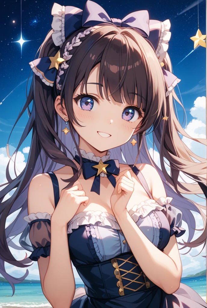 Anime style girl white skin long brown hair loose with blue wavy hair tips, rabbit ears. ((Blue eyes with white six-pointed stars in each eye.)) Astronomy-themed fancy dress. Gold moon jewelry. Star decoration on the right side of the hair. Non-sexualized, frilly clothes. adult girl. small breast