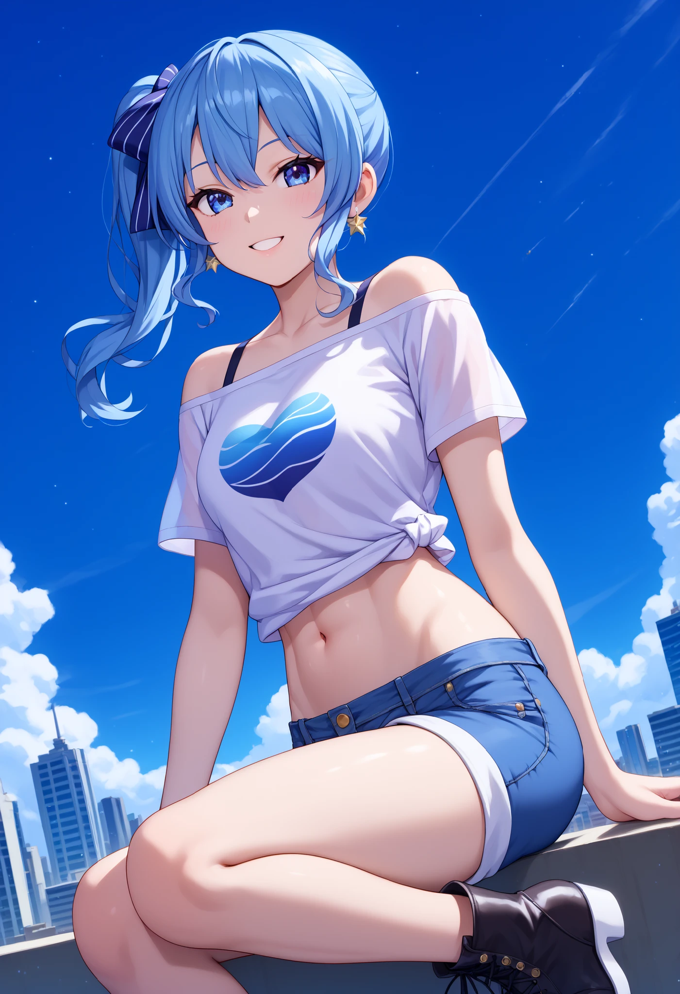 masterpiece, best quality, integrated scenery, integrated background, extremely delicate and beautiful, meticulous details, good composition, , cute face, perfect face, perfect hands,(8k、Best image quality、highest quality)、Detailed face、 1teen_girl、Blue Hair、Long Hair、sideponytail、dark_blue_eyes、smile,(peek_navel:0.7),(small_breasts:0.5),(White_T-shirt:1.3)、Off_shoulder、Black shoulder straps、(open_front_shorts,denim_short_shorts:1.2)、City Background, starry_sky_landscape ,hoshimachi suisei, (belly_button:1.2),nihil,solo,stargaze,girl_looking_up_sky,slender,solo,boots,abs, tight_waist, point_to_sky,slender_thighs,knees