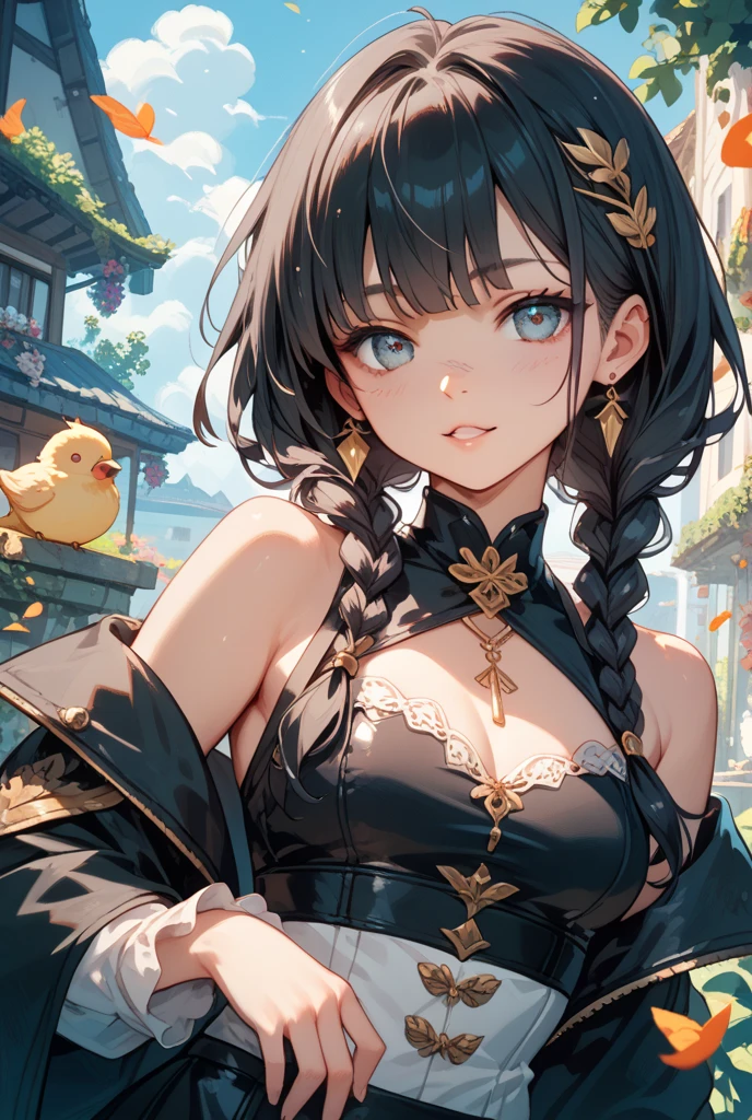 top-quality、Top image quality、​masterpiece、girl with((coachella outfit、Best Bust, long black hair, bangs, green eyes、open chest wide、Valley、Happiness、A slender、ssmile)）hiquality、Beautiful Art、crowd background、festival background, Elaborate design、visualart、