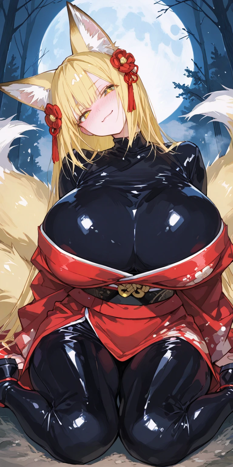 masterpiece, best quality, extremely detailed, 1girl, mature female, solo, yasaka dxd, (huge breasts:1.5), (((blonde hair, very long hair, bun, yellow eyes, slit pupils, fox ears, fox tail))), parted lips, (((bodystocking, black gloves))), ((light smile), closed mouth), ((hands on own hips, garden, winter, snowing))