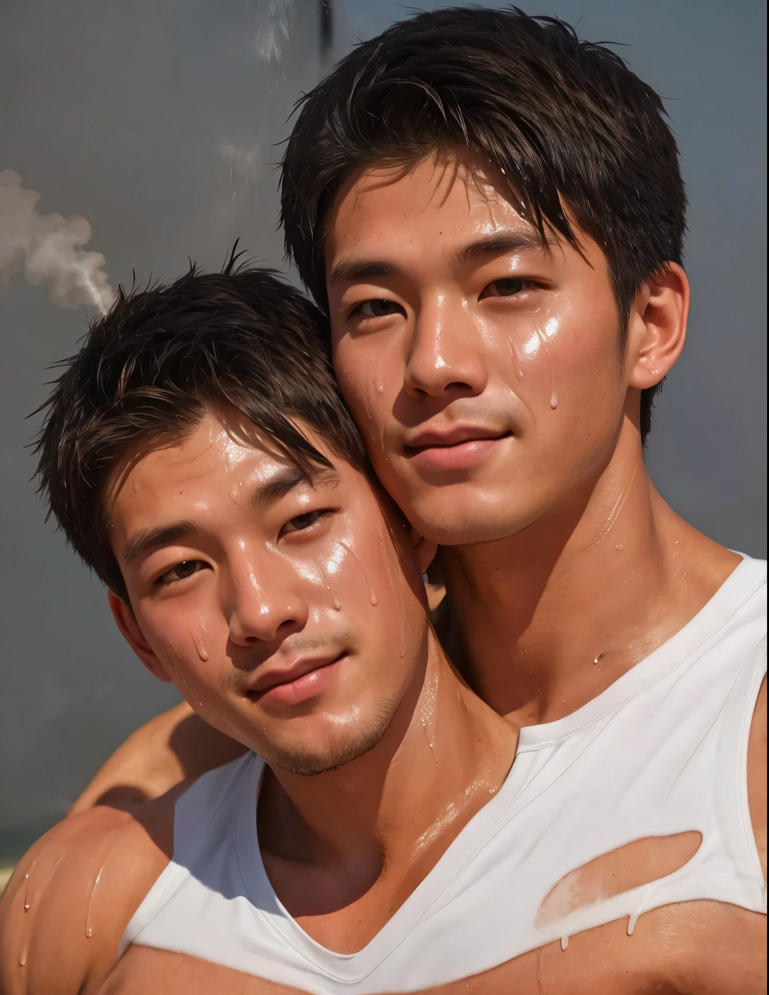 2 boy, soaked, shirtless, fitness trunks, arms up, car backseat, serious face, relaxed, kiss