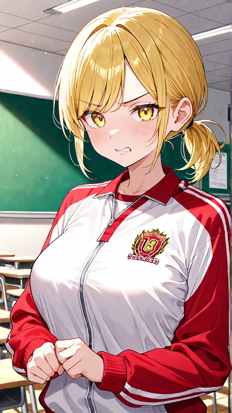 One girl,fgoblack, black, Ahoge, Blonde, (Green Eyes:1.5), Hair between the eyes, Hair Intake, 
break braid, Bloomers, French Braid, Gym Shirt, Gym suit, Hair Bun, head band, Official Alternative Costumes, red Bloomers, red head band, single Hair Bun,
break looking at viewer, Are standing, Leaning forward, Put your arms behind your back,
break indoors, classroom,
break (masterpiece:1.2), Highest quality, High resolution, unity 8k wallpaper, (figure:0.8), (Beautiful attention to detail:1.6), Highly detailed face, Perfect lighting, Highly detailed CG, (Perfect hands, Perfect Anatomy),