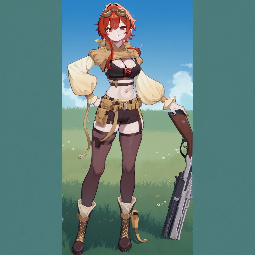 Fire horns, cyberpunk, armor in the style of Horizon Zero Dawn, Red-haired girl, fiery, green eyes, pigtails, a wreath of fire horns on her head, barbarian, a huge techno cannon in her hands, a huntress, bones on the body, insect plates, chitin, fur, small bones, light bones and red fur on the shoulders, dark leather stockings made of strips of cut leather on the legs, ropes and light bones on the body, thin panties, a small bra made of bones, bright red hair, jewelry made of horns, a fur gun. Instead of underpants, rope, bones and chitin, fur shoulder pads and with chitin, a tail of hair on the back of the head, a short haircut, a bionic cannon in the form of the mouth of a wolf, shark, dragon look up. The girl has green eyes, a playful look, a good-natured smile, a neat nose, tight panties, tight thongs, mini-underwear, leaky underwear, torn fabrics, a lot of torn fabrics, a lot of holes in fabrics, a cannon with a monster's head, a cannon barrel in the form of a monster, a flame bursts out of her mouth, a portal in a cannon. The girl has short hair, a ponytail at the back is short and looks up, fur shoulder pads, a jacket on the shoulders, a torn bra, the pubis is open, diagonal straps all over the body, powerful energy escapes from the open toothy mouth of a cannon, a bird's skull on a girl's belly, tattoos, vertebrae on the edges of stockings, cyberpunk, ethnic style of clothing, vintage clothes, worn, prehistoric style, prehistoric jacket, elbow pads made of insects, chitinous cannon, bionic cannon, torn jacket sleeves, chitinous plates on the jacket, flame flashes, cyberpunk, the whole cyberpunk style, a lot of technology, technologies of the future, futurism, science fiction, fantasy, wildness, sexuality, emphasized eroticism, cold lighting, flames from everywhere, a lot of fire, bones on the shoulders, small details on the shoulders, a skull on the belt, the girl has curly hair, tattoos on her face, maximum nudity, diagonals, caveman, prehistoric image,