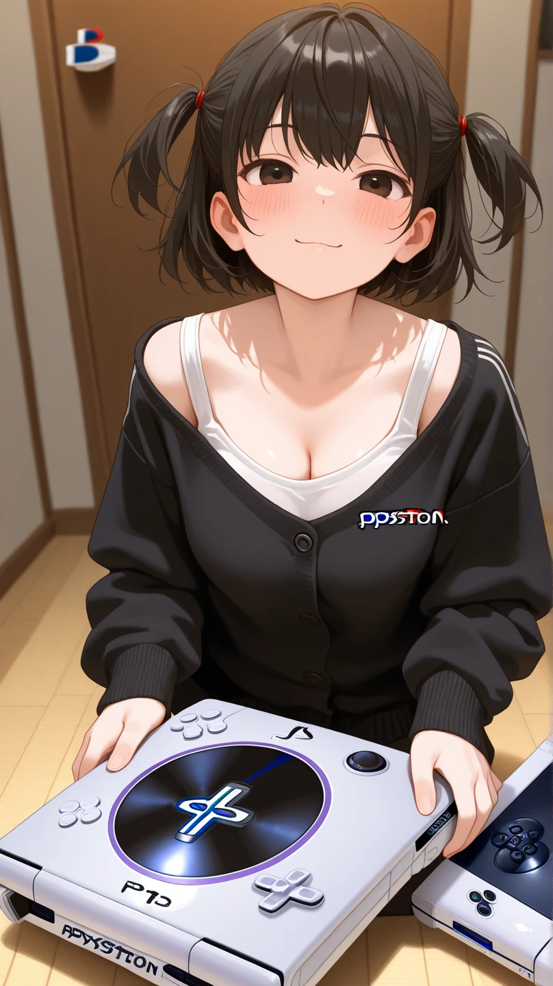 Anime style girl with short black hair,  blue eyes,  perfect body, big breasts, She wears a white skirt with a purple shirt with a drawing of a game controller,  She also has pink headphones, He is standing in front of the camera at the entrance of a house and he is happy.
