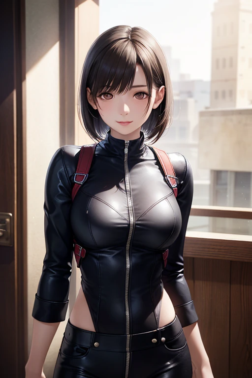 ((masterpiece)), ((Highest quality)), ((Complex)), ((Surreal)), (Realistic), (Mature Woman), ((No classes)), Very detailed, (1 female), Big Breasts, Beautiful and exquisite, (Beautiful Teeth), Grin, Brunette bob hair, Brown eyes, (Blue long turtleneck), (Brown tight mini skirt), ((Thighs)), (stockings), (background: underground), detailed background, Perfect Eyes, Captivating eyes, Looking at the audience, from before