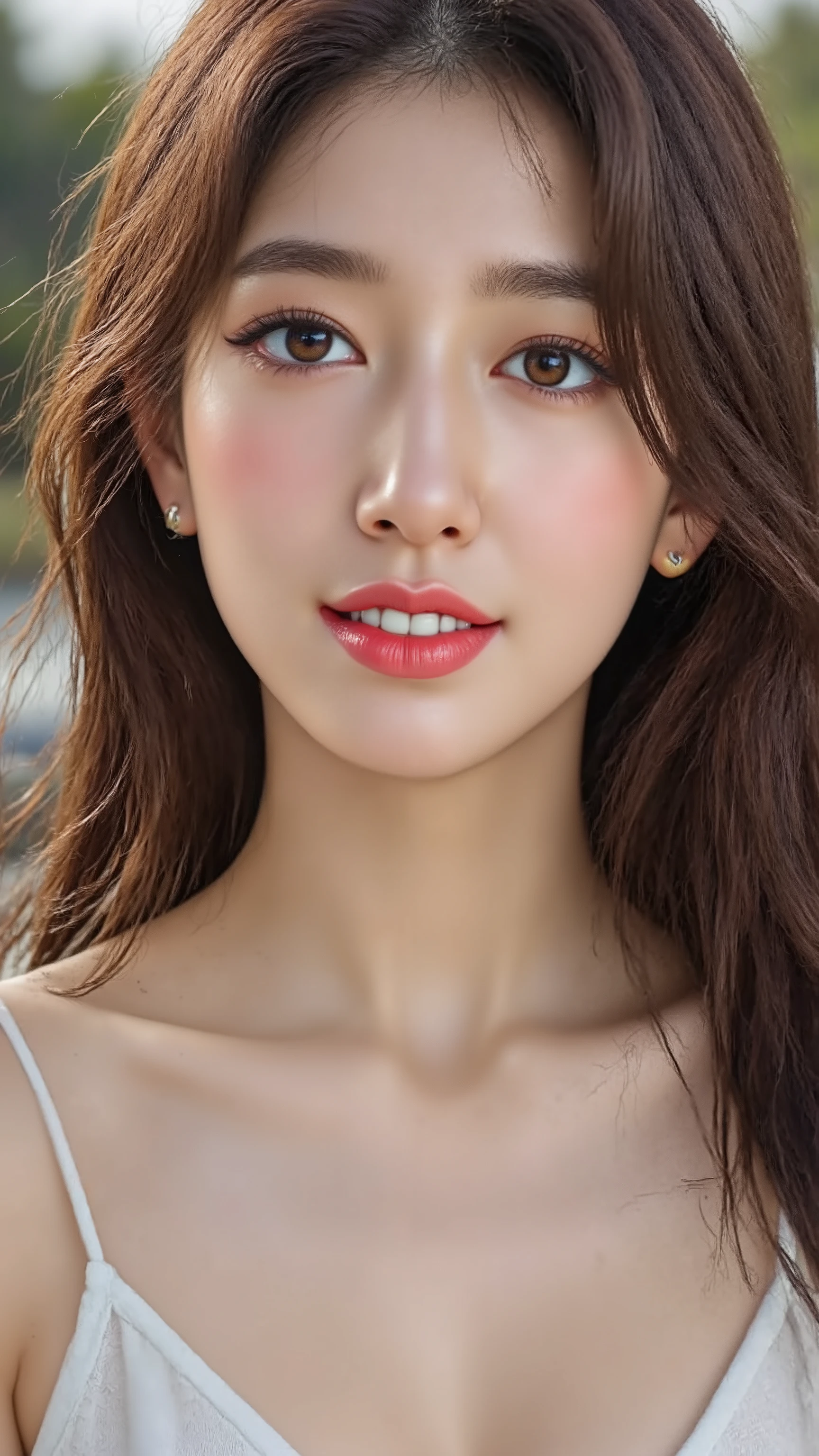 (photorealistic), Ultra-Realistic Details: 20-year-old Koreanfemale epitomizing pretty girl next door image, fresh face, healthy, friendly, charmingly, very cute, realistic smooth skin, Anatomically correct body, (Strong gorgeous ethnic Chinese facial features), student, intelligent, Ultra-realistic 8K CG, masterpiece, ((high res background, delicate pattern, intricate details)), warm soft twilight light and shadows accent her features, Hyper- photorealistic 1model:1.4. 2, Korean, DSLR, ((highly detailed hair and bangs)) elegant long bright yellow-auburn hair with bright yellow accents is accented by the twilight, some hair is pushed behind on ear, several loose strands frame her face, coy, happy, ((Highly detailed eyes)) Stunning expressive Korean eyes, chocolate-brown eye color, warm skin tone, ((plunging low-cut bali bikini top: 1.4)), shapely large breasts (large breasts:1.3), well-worn hip-huger jean shorts, transparent, masterpiece, Best Quality, setting is a park, scene is depicts natural beauty of an attractive cute girl, sweet warm smile, no extra hands, no extra arms, no extra fingers, no cartoon, no anime,