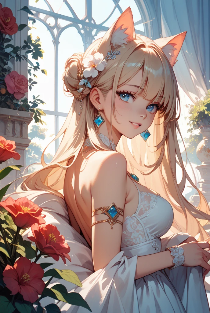 (masterpiece, Absurd quality, Official Art, beautiful and aesthetic:1.2), professional, Bright colors, Octane Rendering, Beautiful woman with long blonde hair, Curtain edge, Yellow eyes, lying on a bed of flowers, ((Lying down)), Looking at the sky, Beautiful flowing opaque white dress, goddess, Female pose, Full background, ((silk)), (Flowers, Rose), In-depth background, View from afar, glow, iridescent dress, Jewelry, window, Blue sky, cloud, castle, whole body, Soft lighting, 8K, best quality, best quality, ((Anatomically correct))