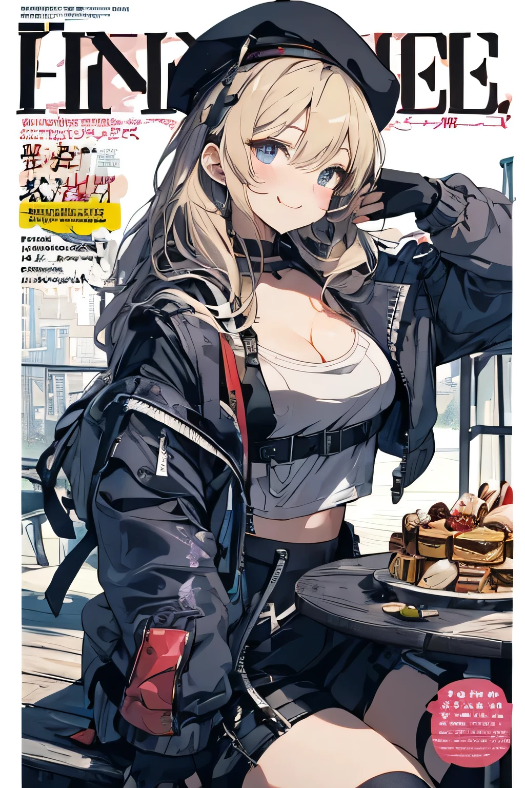 (from below:1.2),(from side:0.9), ((cute Face)), (Close-Up:0.6), ((looking at viewer, holding a icecream)),(Italian sweets magazine cover:1.4), highest quality、(real、photorealistic:1.5),(ultra high resolution,blondes hair,long hair,side ponytail,hair between eyes,bangs, (beret, black jacket, open clothes, cleavage, midriff, black shorts, black thighhighs, thigh strap, fingerless gloves, single glove:1.2), (double breasted,under bust:1.2), sitting at a table, cute, anime visual of a cute girl, beautifully girl, eating cakes, young anime girl, guweiz, high quality anime artstyle, anime girl, artwork in the style of guweiz, beautiful anime girl, pretty anime girl, (anime girl), official artwork,(with sparkling eyes and a contagious smile),her thin pubic hair, looking at viewer, pose muy sexy"


