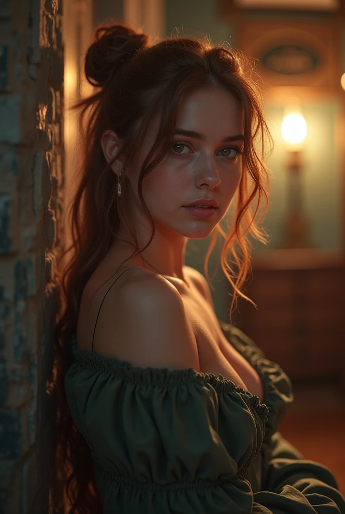 A meticulously crafted nighttime setting: Sophie, a 19-year-old redhead with curly hair, sits on the ledge of a vintage wooden window, wearing a light blouse. Her contemplative gaze is directed towards the starry sky, where shooting stars illuminate the horizon. The atmosphere is tinted with soft blues and purples, creating an ethereal sensation.

Next to the window, a elegantly dressed woman rests her arms and supports her face with her hands, revealing an expression of boredom. Artistic details include the reflection of the woman in the glass, capturing the duality between Sophie's hope and the woman's apathy, while the starlight highlights the glow in Sophie's curly hair. The composition is intentionally symmetrical, accentuating the contrasting emotions in an evocative nighttime scene.