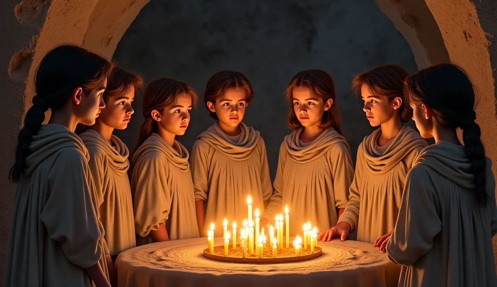 girl children REDHEADS WITH STRAIGHT HAIR ON HEAD BLUE COLOR BOWS, PRAYING, RED BACKGROUND, CANDLES WITH FIRE.