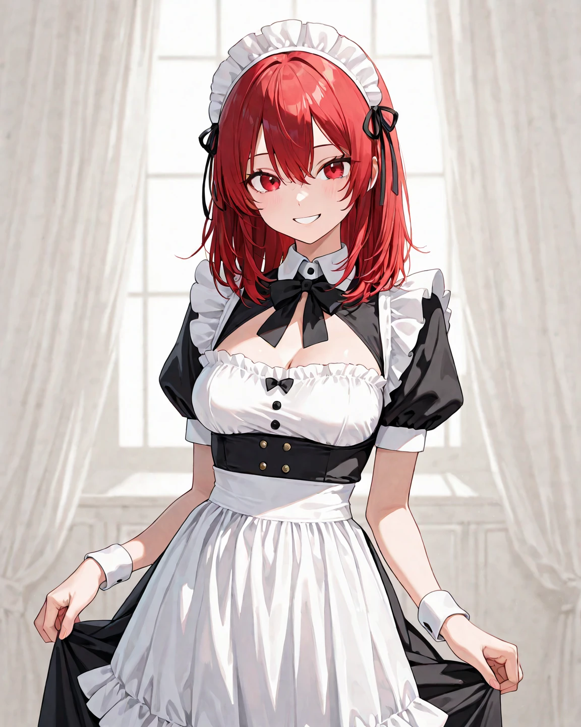 Makima \ (Chainsaw Man), 1 Girl, (Masterpiece: 1.2) (Details: 1.2) (Best Quality: 1.1) (Illustration: 1.1) (Shiny hair) (shiny skin), maid, black maid apron, maid hair band, ruffled skirt, (red hair, yellow eyes: 1.2), with whip, fishnet stockings
