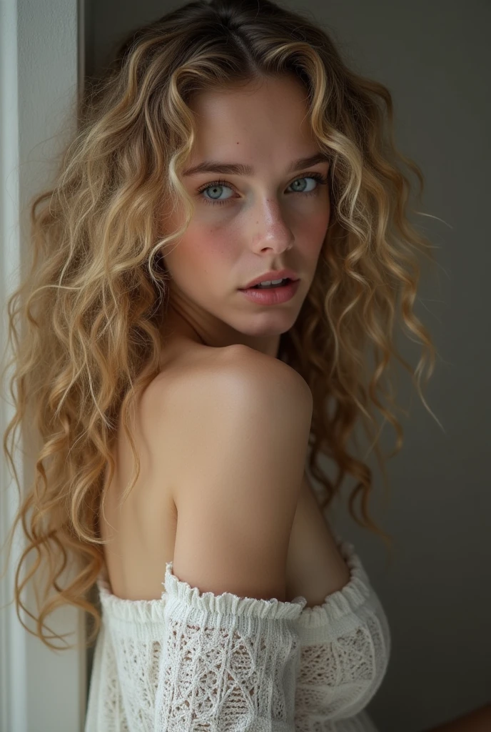 sensual woman (Emilia Clarke) with curly hair and freckled dress poses for a photo, curly blonde, curly blonde hair | d & d, pale skin, curly blonde hair, curly hair, inspired by Anna Boch, blondes curly hair, inspired by Vincent Lefevre, messy curly hair, curly blonde hair, Fell, messy, curly hair, by Daniel Seghers, by Micha Klein, Dress with very deep neckline, low cut dress, beautiful full breasts, Seductive, voluptuous look, Woman wants sex, desire