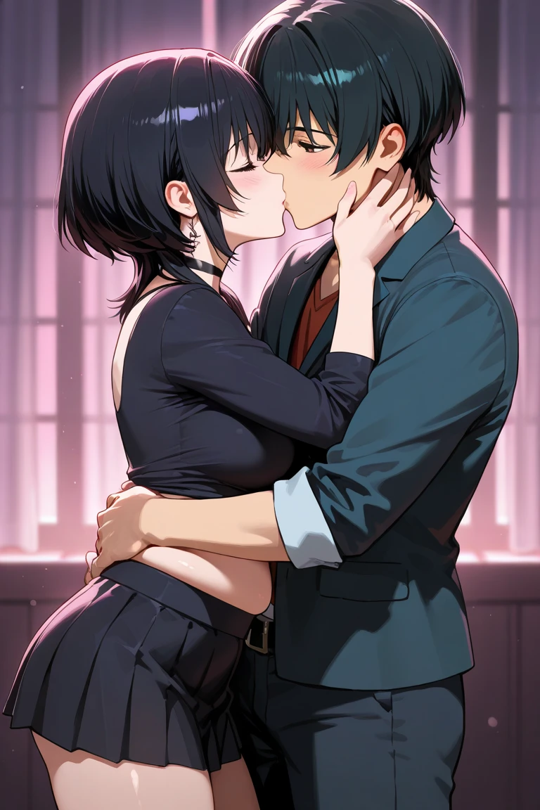 (man and woman kissing:1.6), (French kiss:1.6), (masterpiece, Best Quality, high resolution, nffsw, Perfect Pixel, depth of fields, 4K), , Perfect body, , (boy and girl:1.6), (2 human in picture:1.6)  , jirou, short hair, purple hair, blunt bangs, sidelocks, , long earlobes, , pink shirt, torn shirt, black jacket, pants, , black choker,, (large boob:1.2) , nsfw,(ecstasy:1.3) ,(slut:1.2),(vulgarity:1.3),(fucked silly:1.1),(steam:1.1),(wet:0.8),(trembling:0.8),(tears:0.7) ,(drooling:0.6),(sweat:0.8), wince,(orgasm:1.5), , (nipples:1.4), , ,,(hardcore,sex:1.4),  (blush:1.6) , bed room, night, (closed eyes:1.4)
