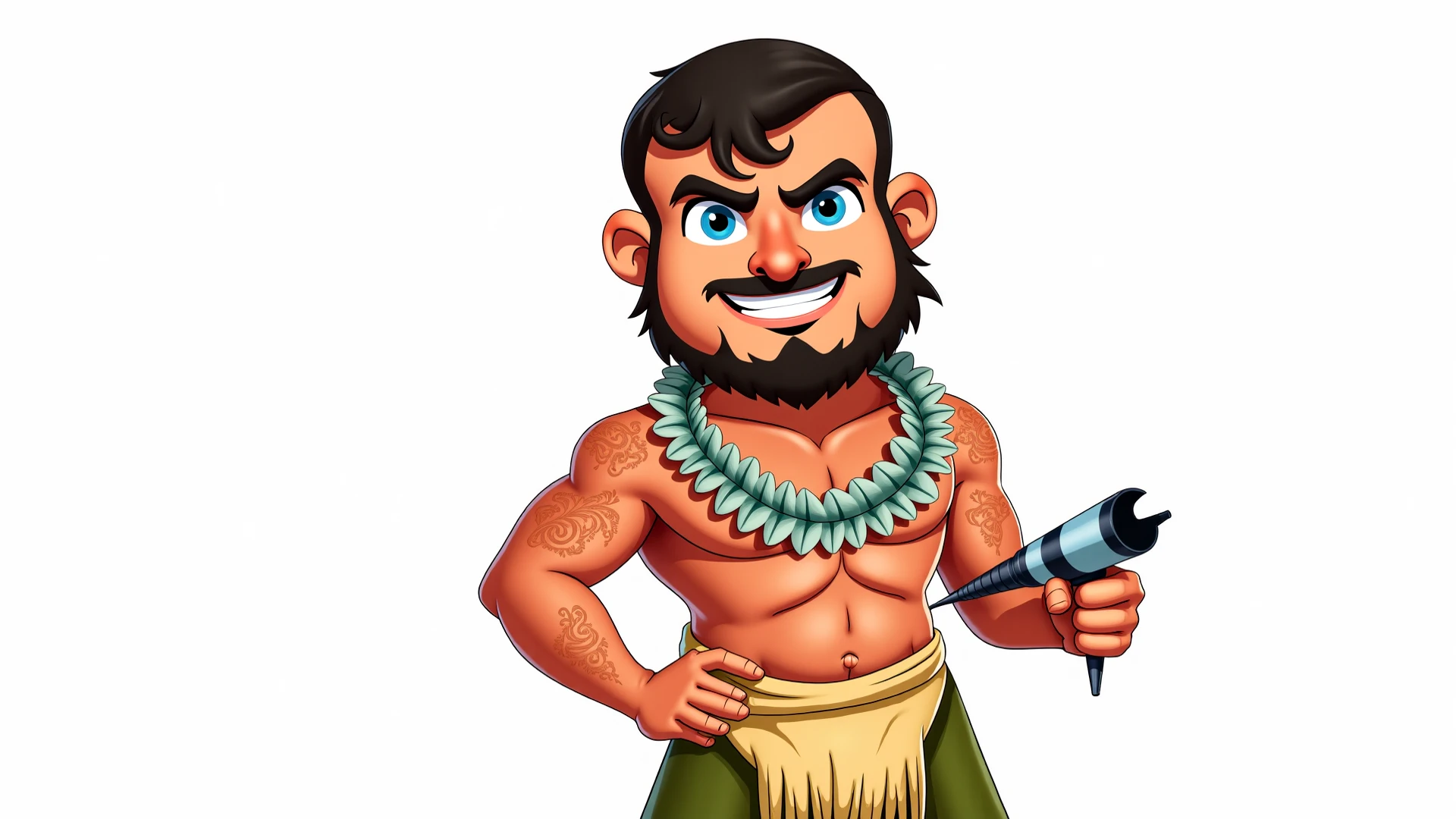 cartoon sand dollar dressed like WWE wrestler Tito Santana.
Brown wavy hair.
Cartoon sand dollar body, face, arms, hands, and legs.
White underwear. White knee pads. White wrestling boots.