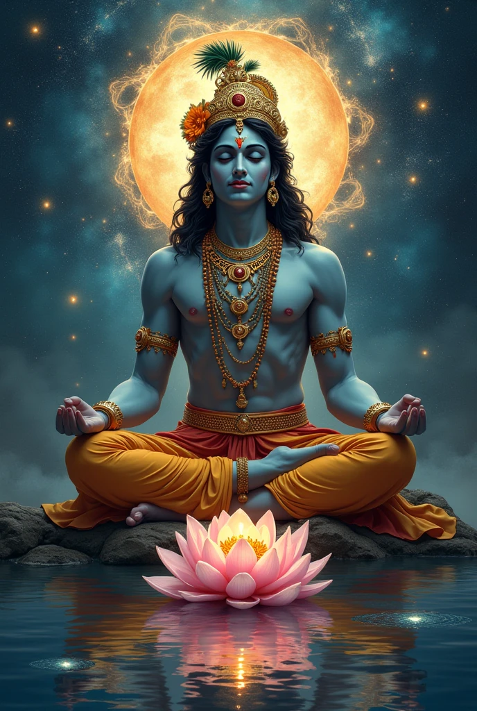 create a picture where lord krishna a hindu male god sitting in universe