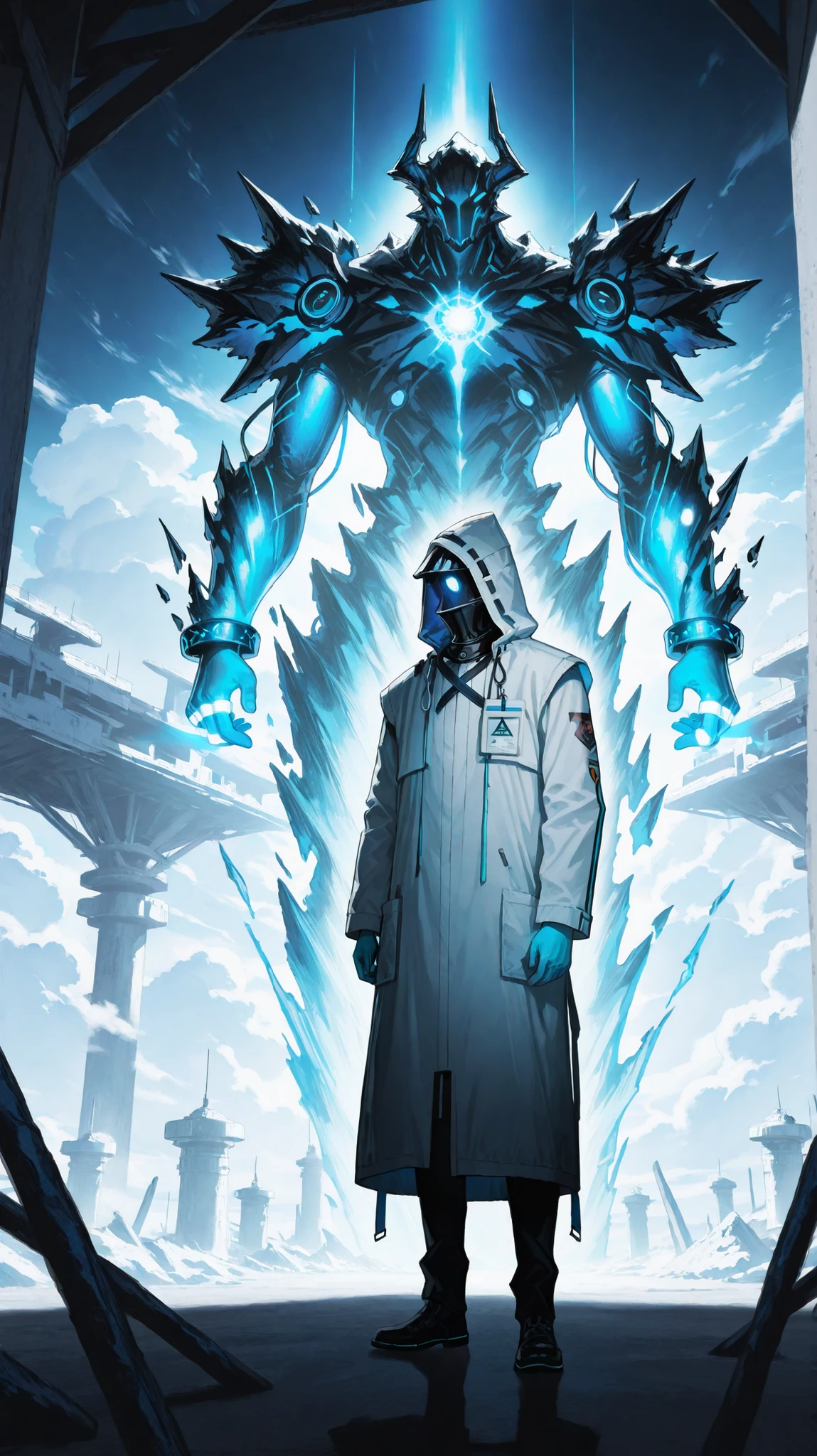 Full body shot of Arknights Doctor, male, wearing a white oversized hoodie with blue glowing accents, hood up, face obscured by shadow and blue light, mysterious and enigmatic. Standing amidst a sea of fluffy white clouds, with faint blue glowing futuristic rings/structures in the background. Anime art style, high detail, atmospheric lighting, cool blue tones