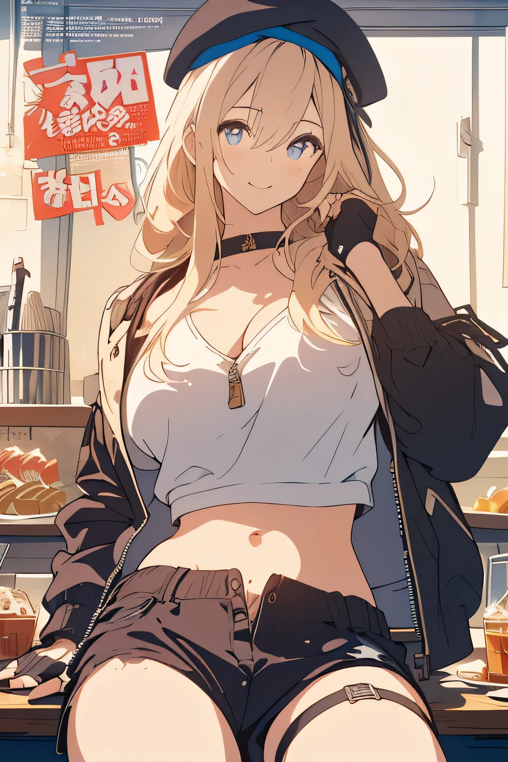 (from below:1.2),(from side:0.9), ((cute Face)), (Close-Up:0.6), ((looking at viewer, holding a icecream)),(Italian sweets magazine cover:1.4), highest quality、(real、photorealistic:1.5),(ultra high resolution,blondes hair,long hair,side ponytail,hair between eyes,bangs, (beret, black jacket, open clothes, cleavage, midriff, black shorts, black thighhighs, thigh strap, fingerless gloves, single glove:1.2), (double breasted,under bust:1.2), sitting at a table, cute, anime visual of a cute girl, beautifully girl, eating cakes, young anime girl, guweiz, high quality anime artstyle, anime girl, artwork in the style of guweiz, beautiful anime girl, pretty anime girl, (anime girl), official artwork,(with sparkling eyes and a contagious smile),her thin pubic hair, looking at viewer, pose muy sexy"