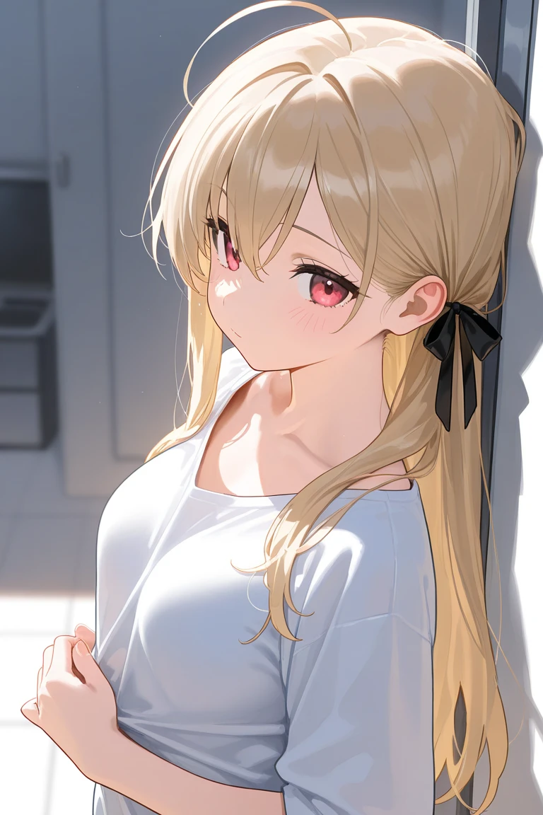 (1girl, fgonero, nero, ahoge, blonde hair, (green eyes:1.5), hair between eyes, hair intakes, braid, buruma, french braid, gym shirt, gym uniform, hair bun, headband, official alternate costume, red buruma, red headband, single hair bun, looking at viewer, standing, leaning forward, arms behind back, indoors, classroom, (masterpiece:1.2), best quality, high resolution, unity 8k wallpaper, (illustration:0.8), (beautiful detailed eyes:1.6), extremely detailed face, perfect lighting, extremely detailed CG, (perfect hands, perfect anatomy))