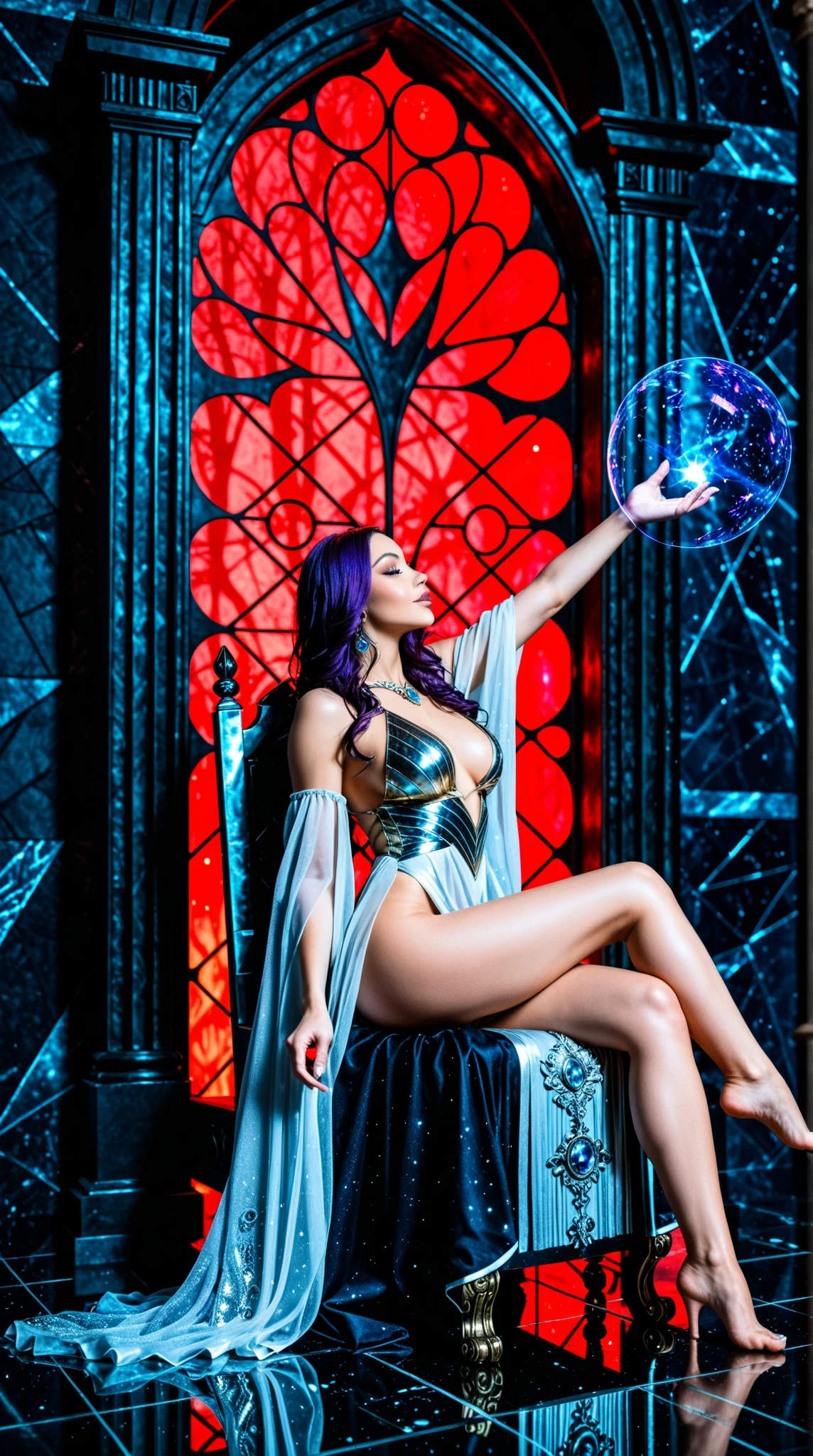 Generate an image of Elvira in a glamorous and otherworldly space, with celestial elements and ethereal lighting. Ultra Realistic photo, vibrant colors, 16k