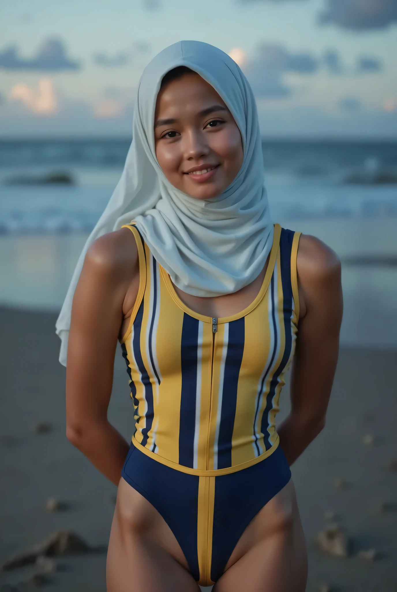 face cute smile , Front posing, Wearing Scarf neck tie, Front posing, SKINNY SUPER, memakai kacamata rabun,  (Thighs and calves huge muscles), (((MOODY FACE EXPRESSION))), "Wearing Hijab perfectly",  wearing Scoop Neck Sleeveless yellow & blue Bodysuits singlet swimsuit 'Striped print', (KEDUA BELAH TANGAN DILETAK LETAKKAN DIBELAKANG PUNGGUNG) PLEASE DON'T PUT ANYTHING ROPE!!!, THIGHS OPEN WIDE, 
   THIN SKINNY HIJAB INDO MALAY (Singlet ), 1 girl,  'MOODY FACE EXPRESSION', Half body portrait, (face details: 1), (Eye details: 1), ((Big breasts)). ultra high res. realistic: 1.4, UHD, (((dark background))),  Background Di tepi pantai senja 