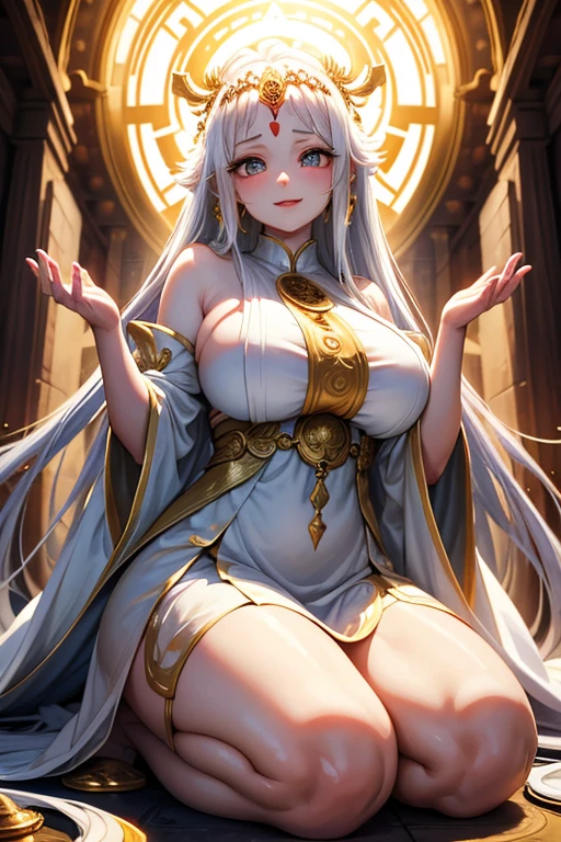 high image, super detail, high resolution, anime, manga, illustration, sit astride, straddling, wariza, yokozuwari, whole body hair skin everything is white, beautiful woman, ecstatic expression, amorous expression, seductive look, alluring moist half open lips, flowing layered messy half-up knitting hair style, sparkling green eyes, slender, full body, background Northern Renaissance style, fantasy, galaxy, magic circle, kaleidoscope, give off rainbow and gold neon light many lines radially from floor and ceiling, cyber punk, water droplets, splashes