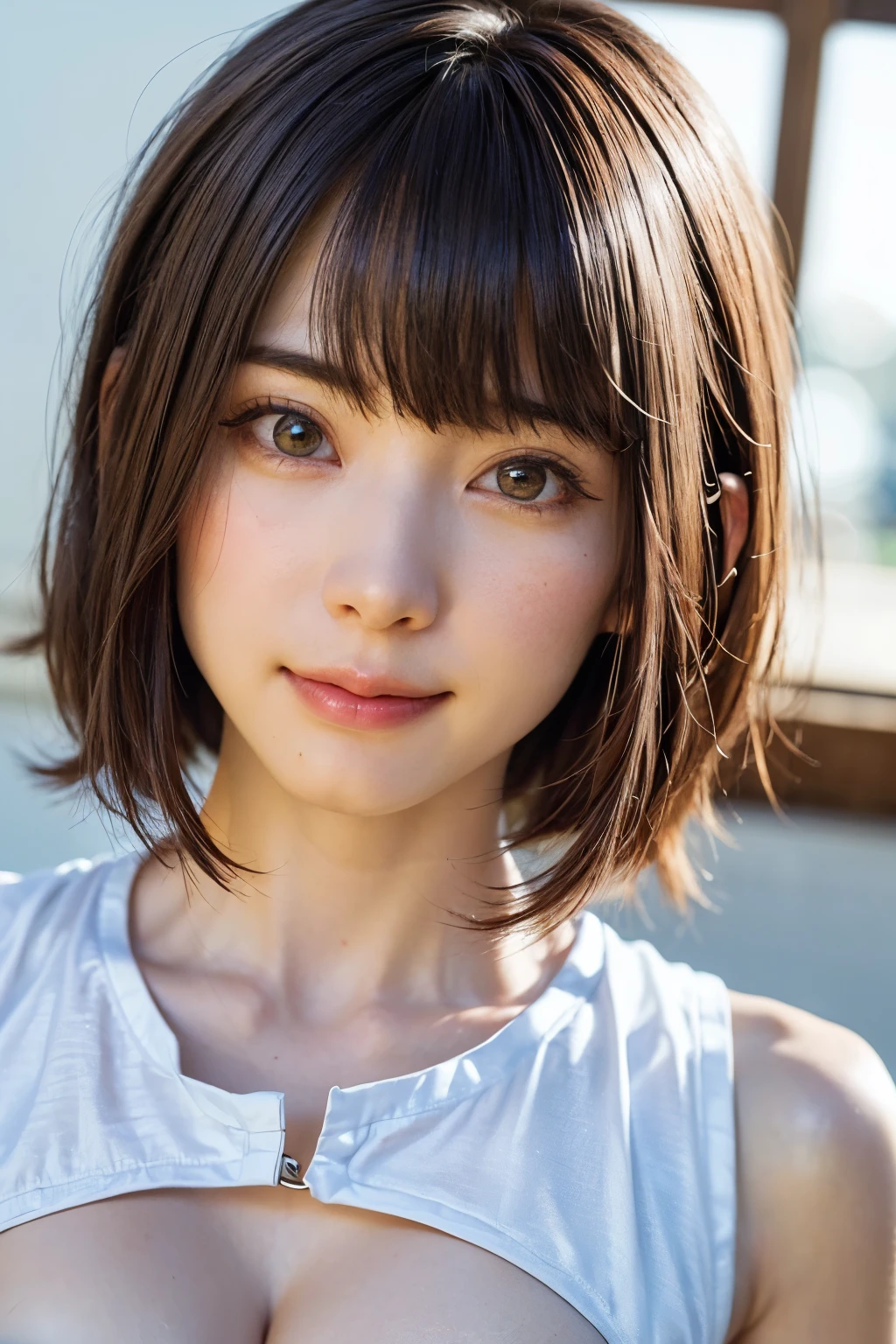 Highest quality, Face Focus, Soft Light, Ultra-high resolution, (Realistic:1.4), RAW Photos,
1 Japanese girl, alone, cute, (pupil, Light in your eyes), Beautiful face in every detail, (Detailed eye resolution),(High resolution detail of human skin texture),
(forehead、bob cut),Tear bags、
Small breasts、((yukata、Fireworks display))、Rukutama、Open your mouth a little、freckles、seductive smile、cleavage 、From below、Low - Angle、Hand touching chin、
(Portraiture)