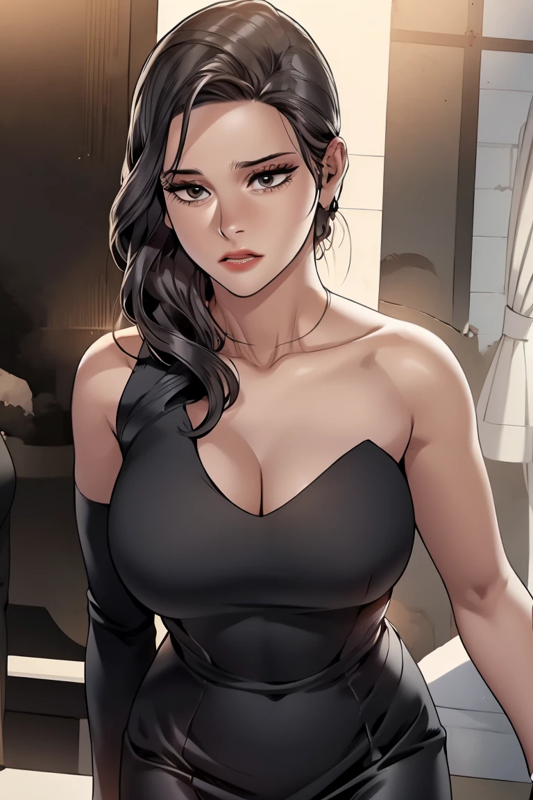 muscular black hair yellow eyes pale skin girl sad cleavage huge breasts blushing frown sweaty long straight hair long straight hair