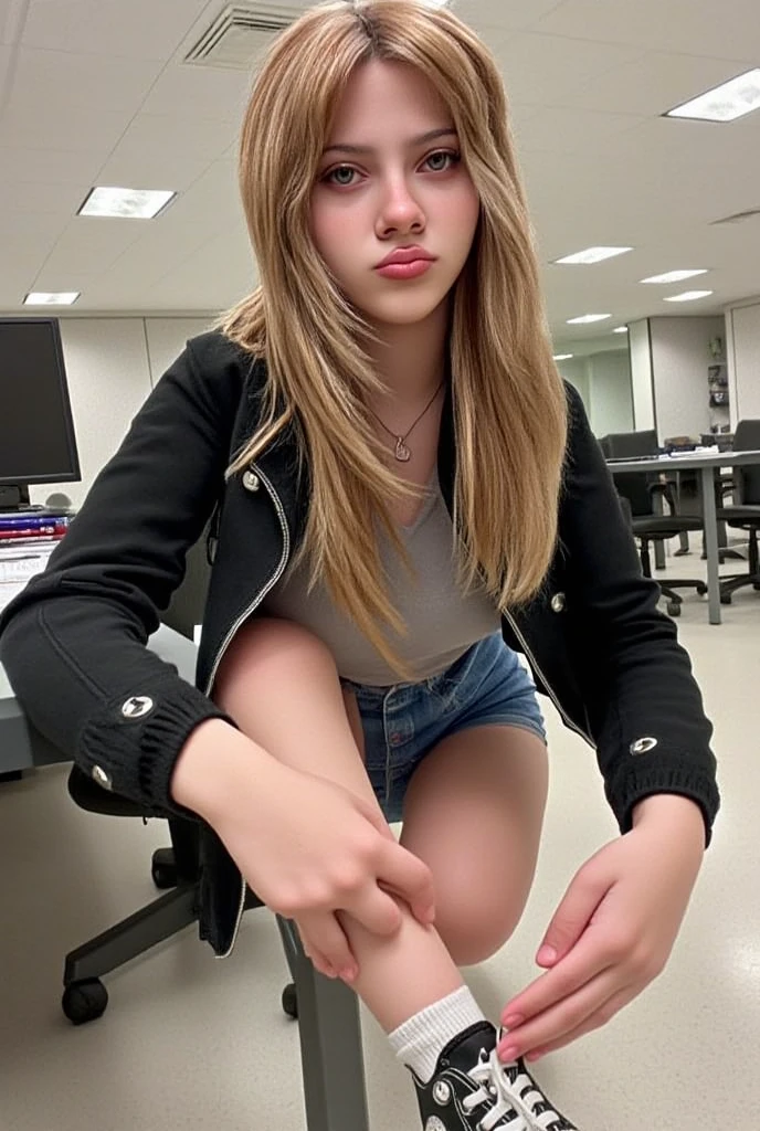 A 18-year-old blonde woman, ((hiperrealismo))textured skin, goosebumps, perfect eyes. Blonde hair with light brown roots. cabello rubio, Hair with brown roots, really long hair, extra long hair. photo taken with iPhone, Porta 160 color. Provocative pose. College light sky blue shirt, college dark blue skirt, at the classroom. Photo taken with iPhone. Cosplay. Blue uniform. Photo Taken with iPhone. Sitting Spreading legs, showing vagina 
